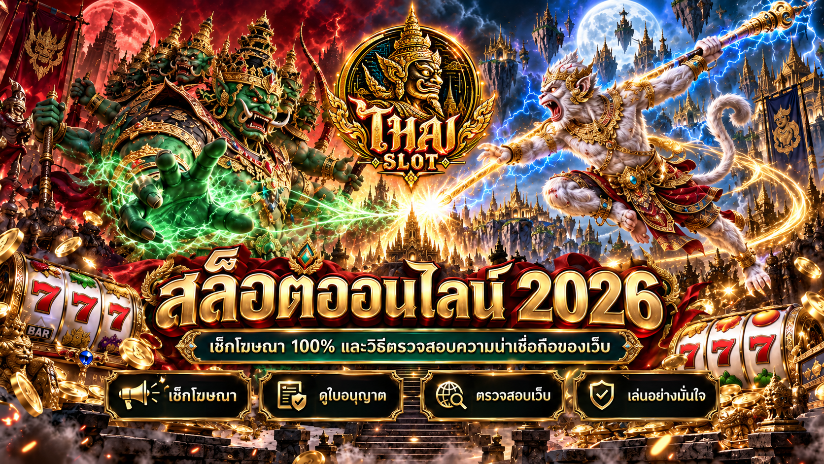 หน้าจอเกมสล็อตสมมติสำหรับอธิบายสัญลักษณ์และกติกา